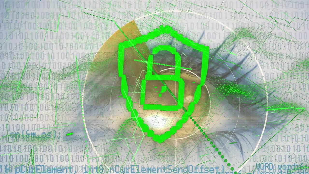 animación del icono del candado de seguridad y procesamiento de datos sobre el ojo femenino contra un fondo azul