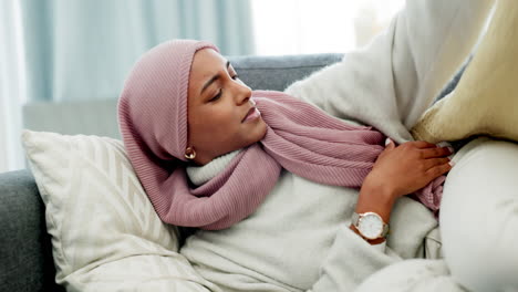 Muslim,-period-cramps-and-woman-with-stomach-ache