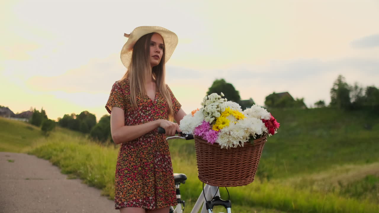Middle plan girl in dress goes with bike and flowers in the field