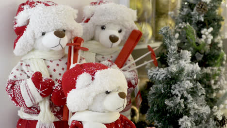 Ositos-De-Peluche,-Esquiadores,-En,-Navidad,-Decoración,-Plano-De-Fondo