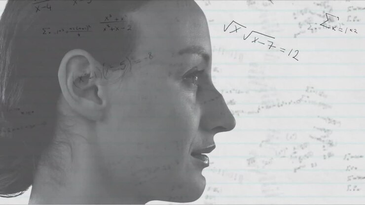 Animation of mathematical equations, close-up of caucasian woman standing against white background