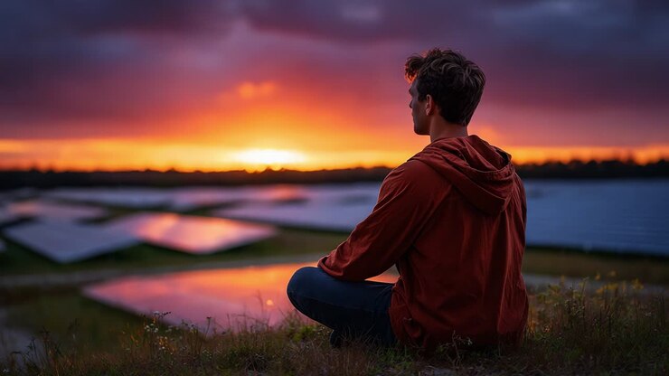Un giovane uomo siede in profonda meditazione mentre contempla la bellezza di uno splendido tramonto su un campo pieno di pannelli solari, che riflettono tonalità arancioni e viola, incarnando tranquillità e connessione con la natura.