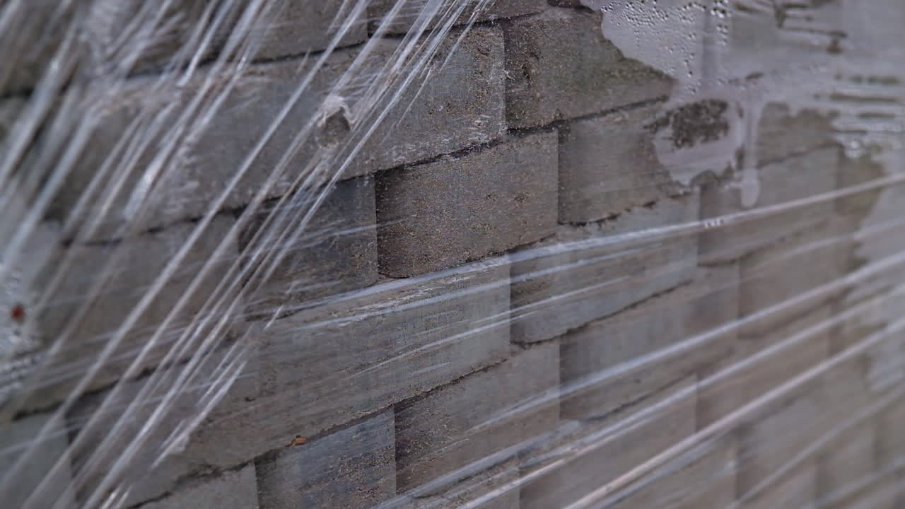 Stacked pack of grey brick for pavement. New pile of construction materials protected by cellophane. Close up.