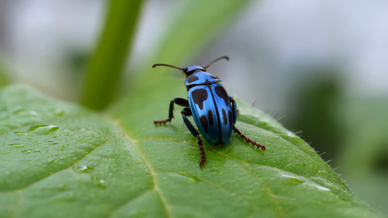 Close-up de um besouro azul vibrante em uma folha verde com gotas de água.
