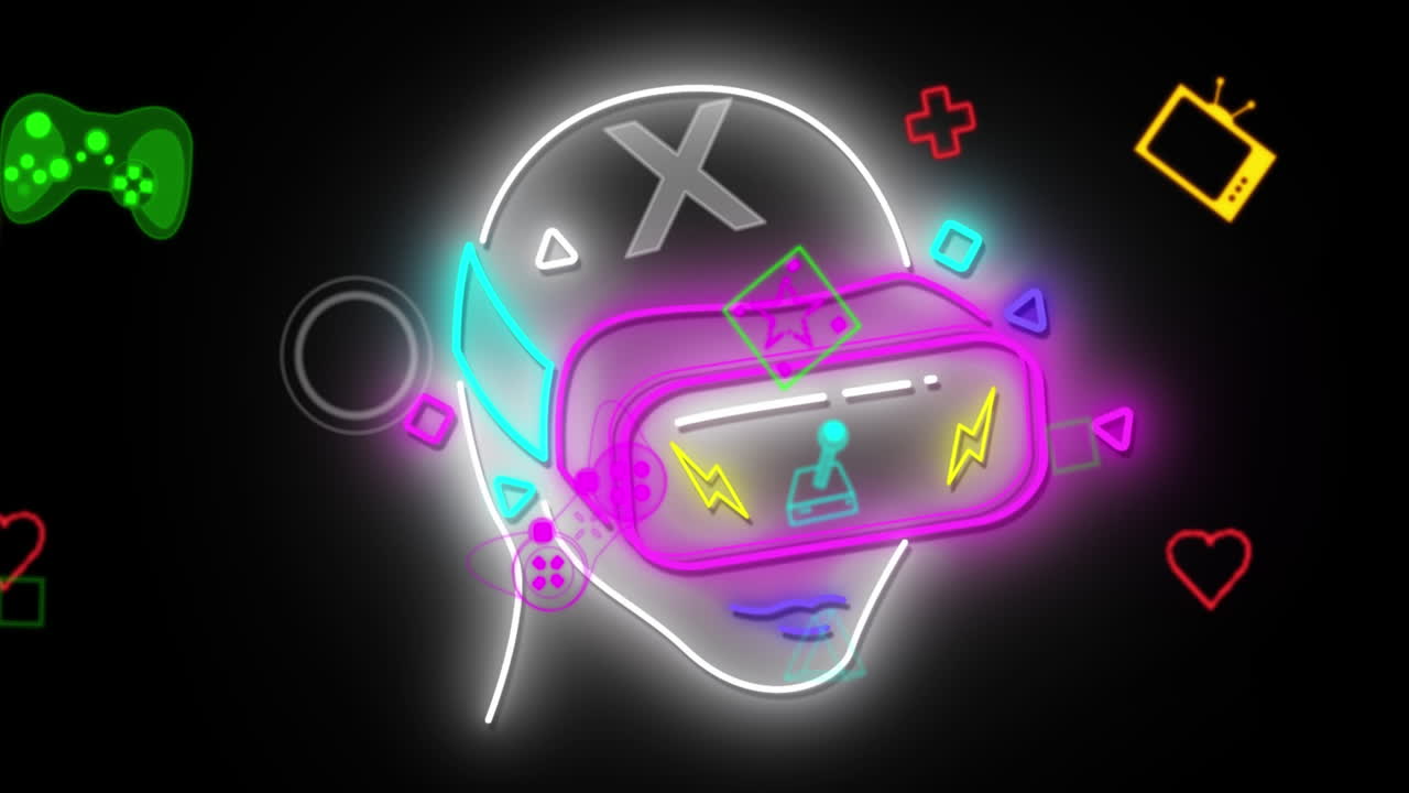 Animazione di interfaccia digitale di videogioco al neon che sfarfalla su una testa con visore VR