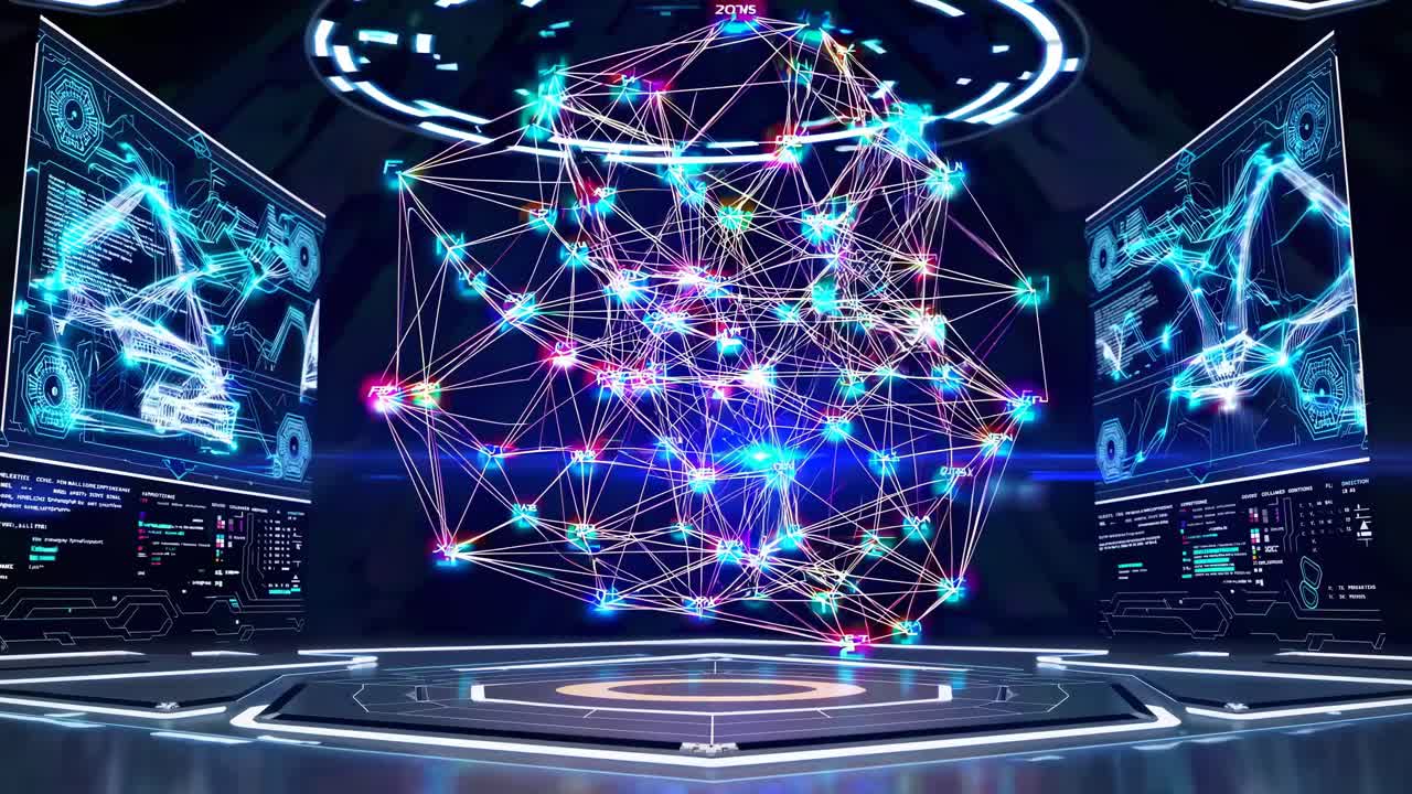 Futuristic video concept with a digital network sphere, holographic displays, and a dynamic