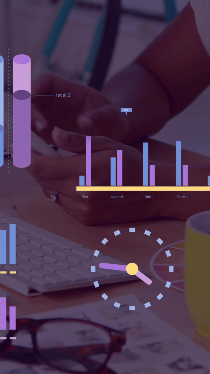 Animation of statistics and financial data processing over businesswoman using computer