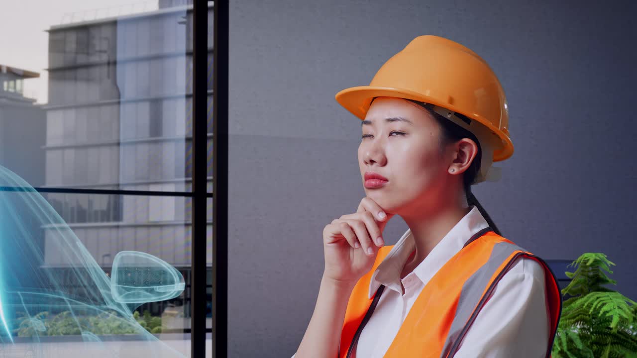 안전 헬을 착용한 아시아 여성 엔지니어가 무언가에 대해 생각하고 전기 차량의 개념으로 서 있는 동안 주위를 둘러보고 있습니다.