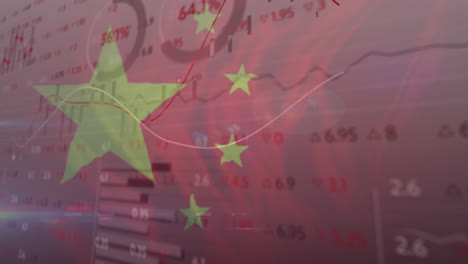 animation of chinese flag waving over financial data processing with lines recording