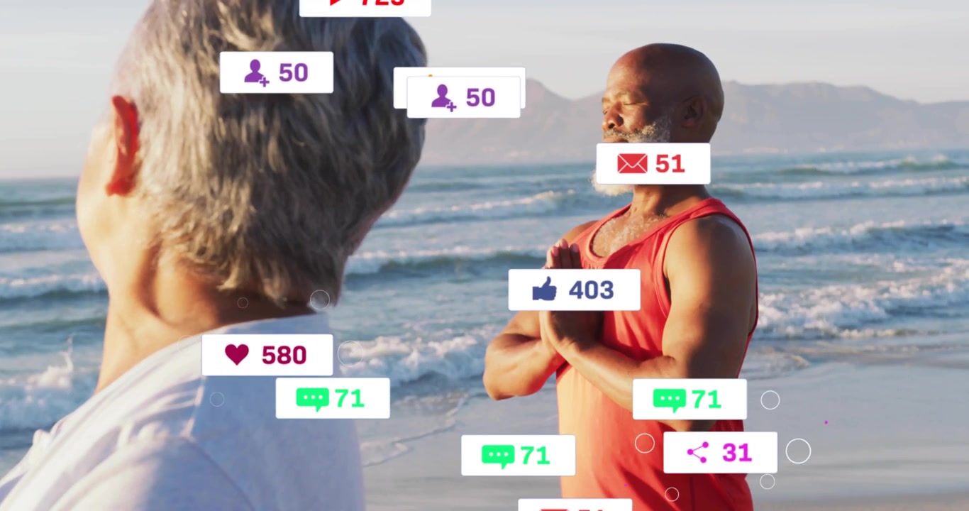 Holding namaste, woman white top and man red tank practicing beach yoga for health, icons rising