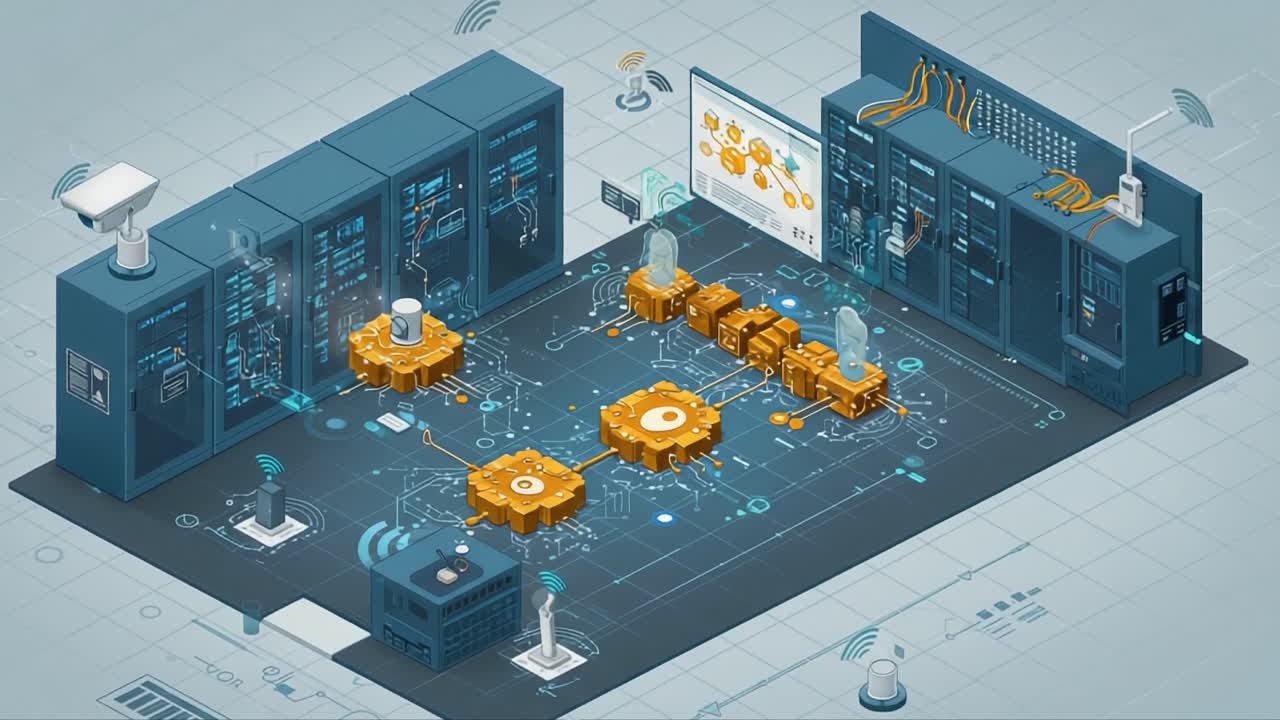 A High-Tech Data Processing Environment Featuring Advanced Gears and Connectivity Tools in a Sleek, Modern Digital Control Room Setting