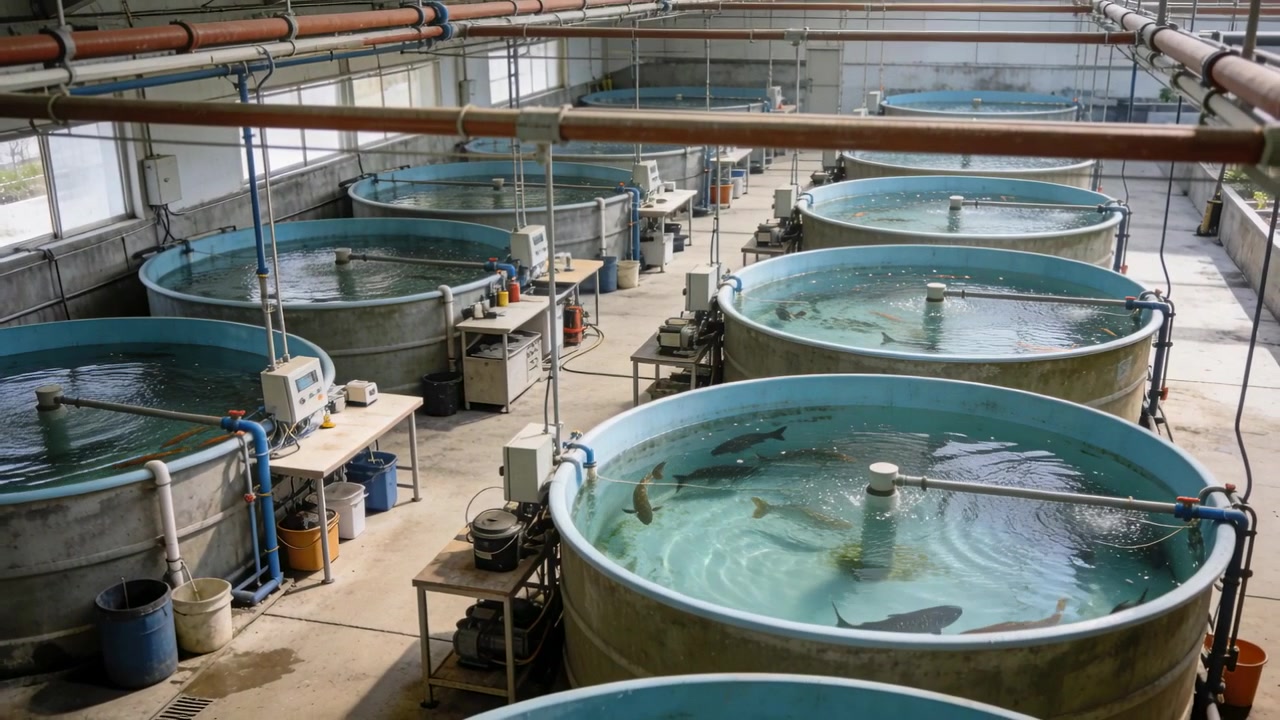Turning round fish tanks at hatchery with mixers agitating water and fish moving for farming