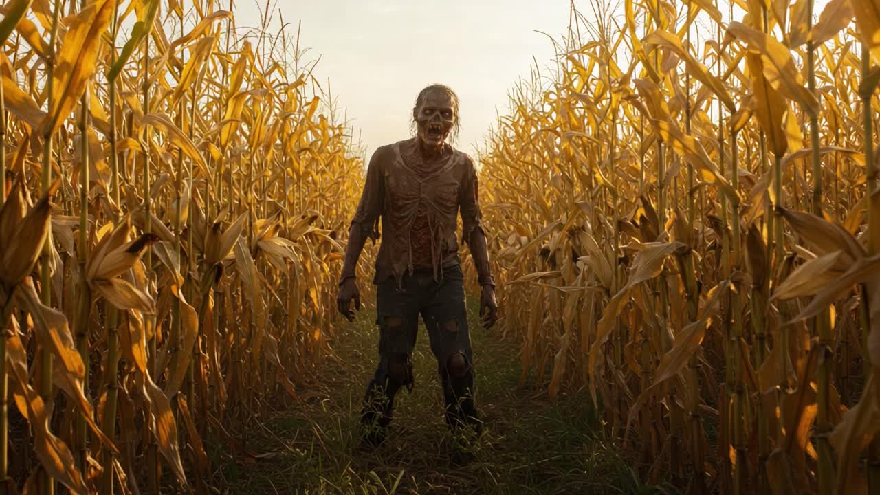 A frightening figure emerges from the golden cornfield, showcasing the eerie atmosphere as it strides forward amidst tall, rustling stalks under a dimming sky
