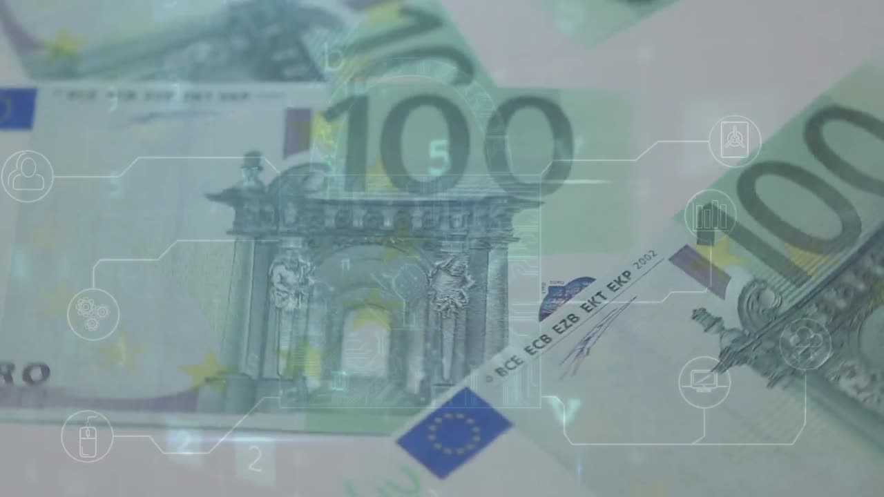 animación de números cambiantes y alerta de virus sobre billetes de euro que caen