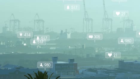 Animation-of-social-media-icons-and-data-processing-over-cityscape