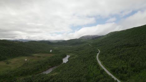 Fliegen-über-Wald-Und-Straße-In-Senja-Mit-Bergen-Im-Hintergrund