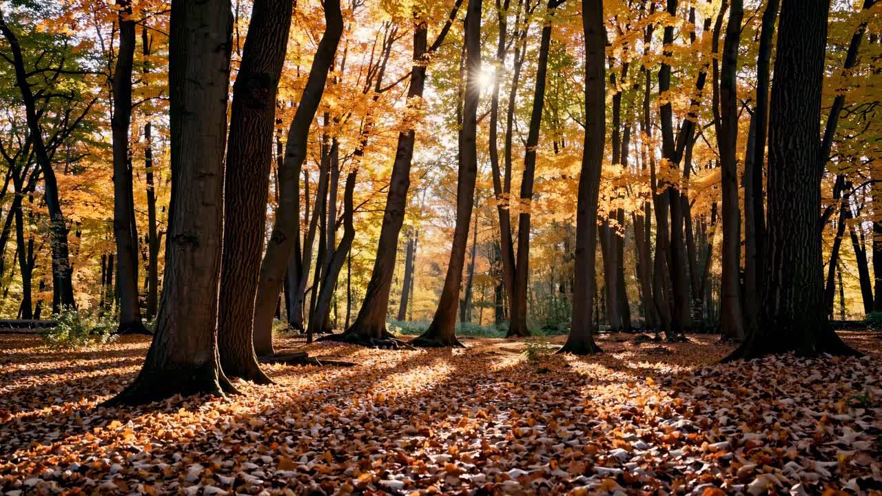 A serene forest scene in autumn, captured at eye level