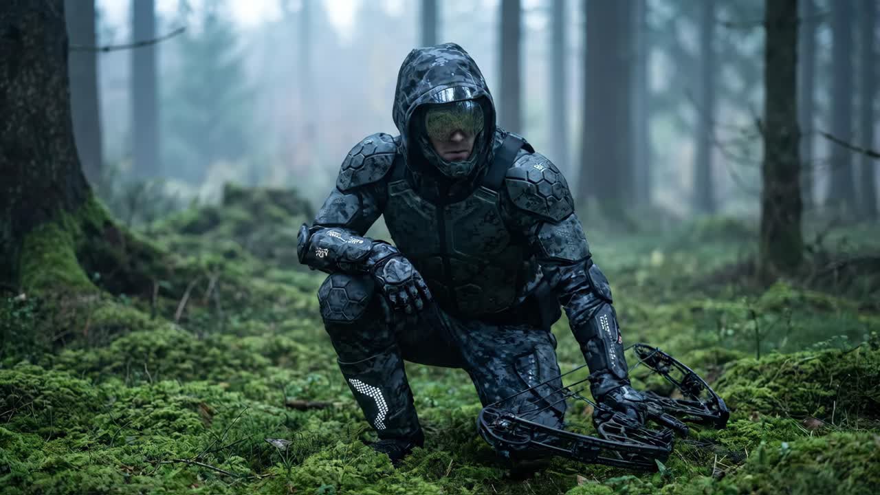 Futuristischer Bogenschütze in taktischer Ausrüstung, der mit einem Bogen in einem nebligen Wald zielt