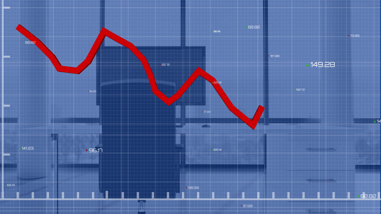 Animation of financial data processing over desk in empty office