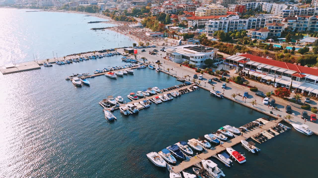 Footage along the sandy beach and yacht club. View on the infrastructure of Sveti Vlas resort in Bulgaria