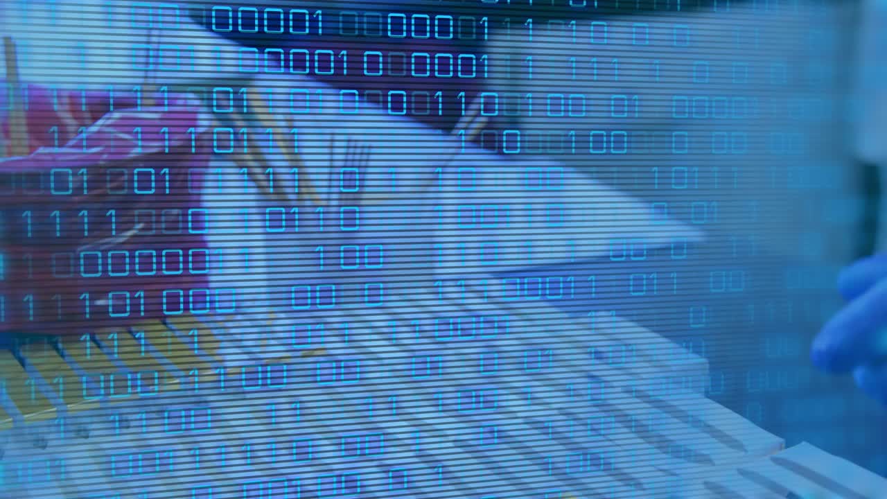 Animation of data processing over doctor with test tubes
