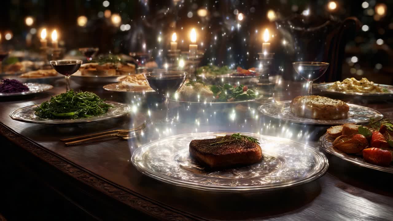 A Captivating Feast: An Enchanting Table Displaying an Exquisite Main Dish, Surrounded by Lavish Culinary Delights and Soft Candlelight, Creating an Atmosphere of Gourmet Elegance and Celebration