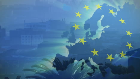 animation of flag of european union over glowing map of europe and cityscape