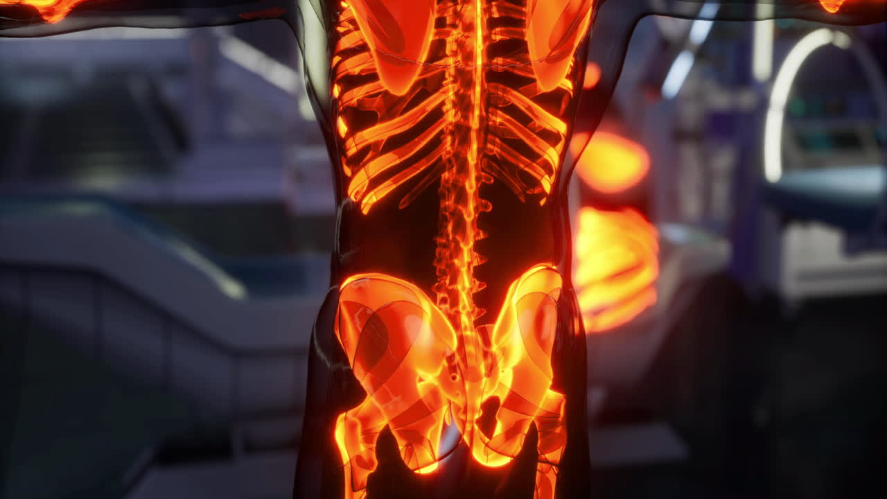 Detaljeret visualisering af menneskets skeletanatomi, der fremhæver bækkenområdet