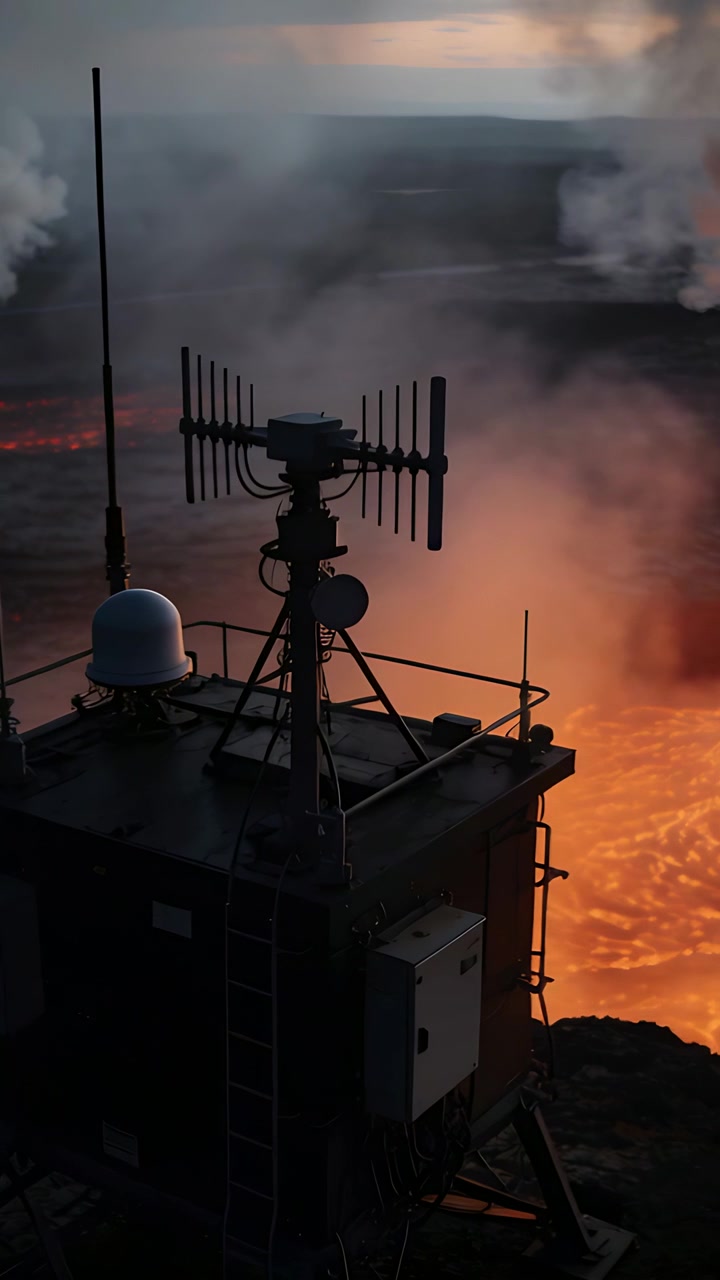 Verticale video: Hete lava verwarmt de grond en produceert stoompluimen, met een metalen schuilplaats en antenne bij zonsondergang.