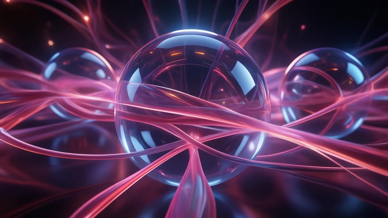 Abstract Glass Spheres Intertwined with Glowing Pink Light Trails