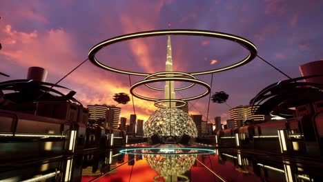 Futuristic Cityscape at Sunset with Glowing Rings and Illuminated Structures