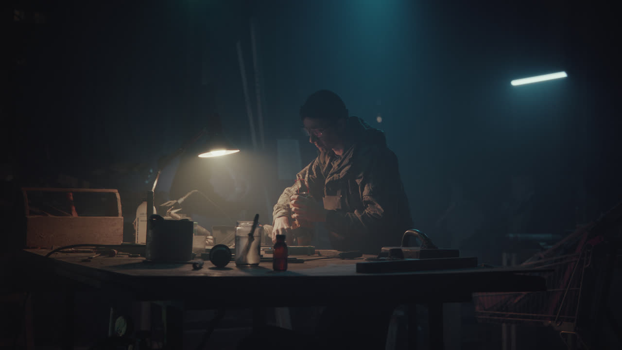 A bombmaker assembles a bomb in his workshop at night