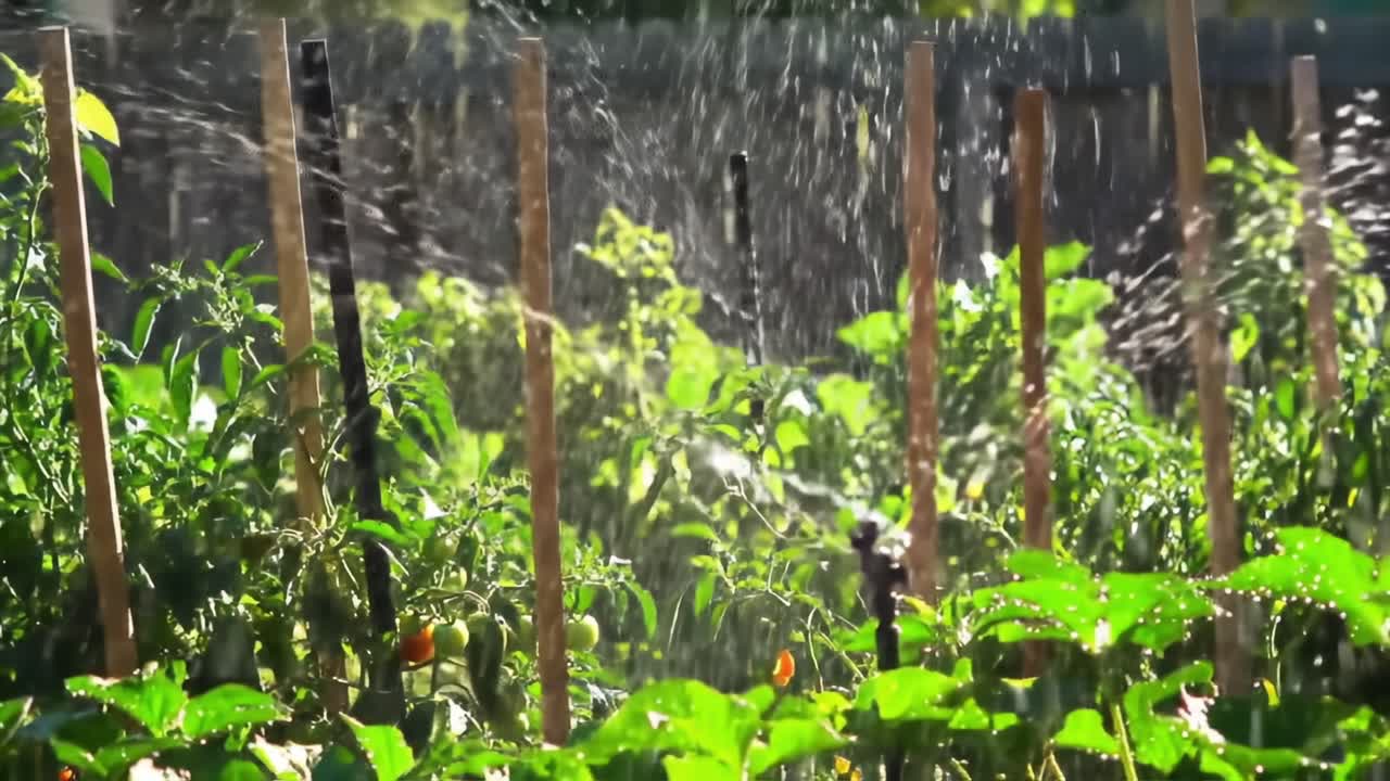 Lush Green Garden Under Sprinklers: A Vibrant Display of Healthy Vegetation Being Watered and Nourished in Bright Sunshine