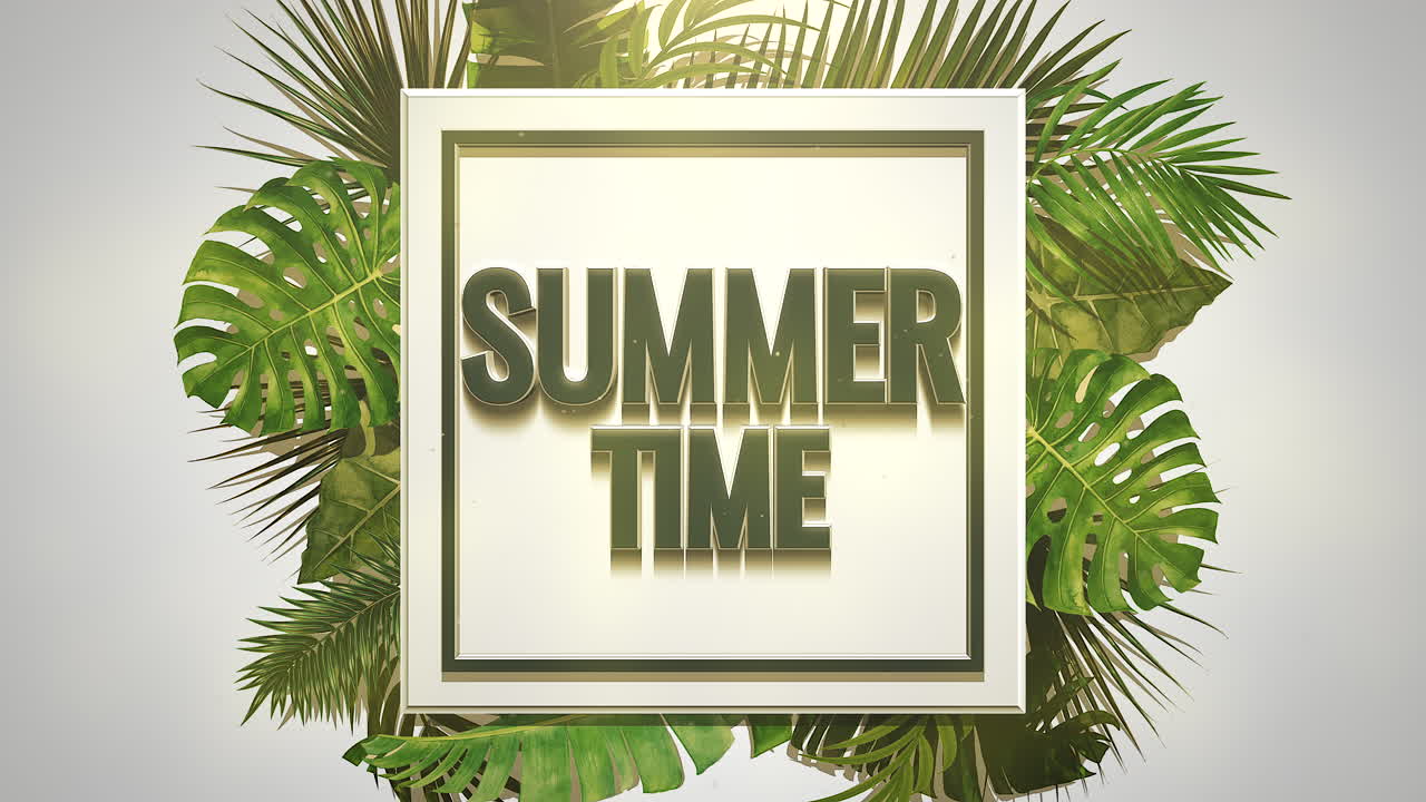 horario de verano con hojas tropicales en marco dorado