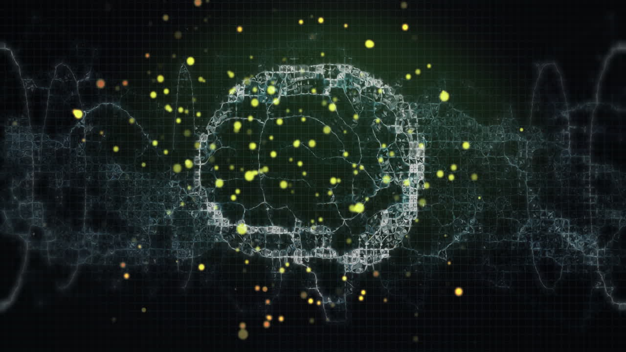 Digital brain animation with glowing particles over dark background
