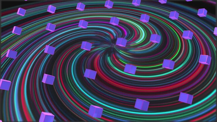 Animation of rows of 3d cubes shapes moving over light trails