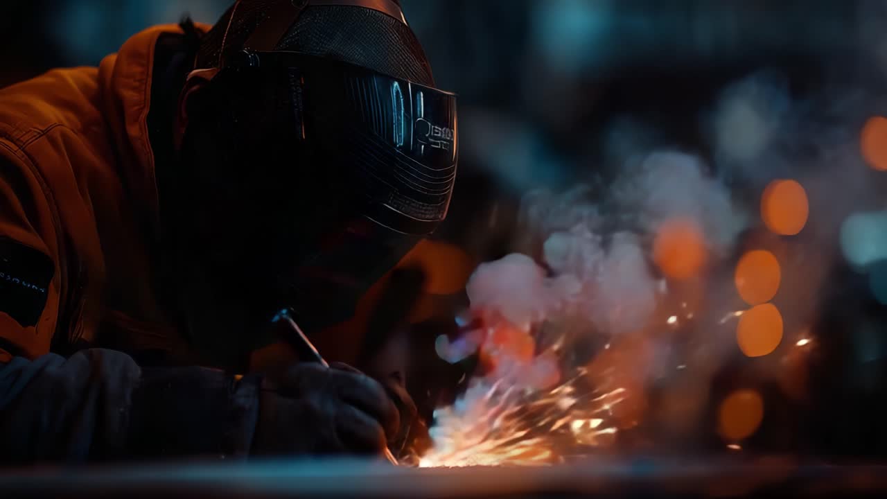 A Close-Up View of a Welder in Action: The Intricate Craft of Welding with Sparks and Smoke Creating a Vibrant Atmosphere
