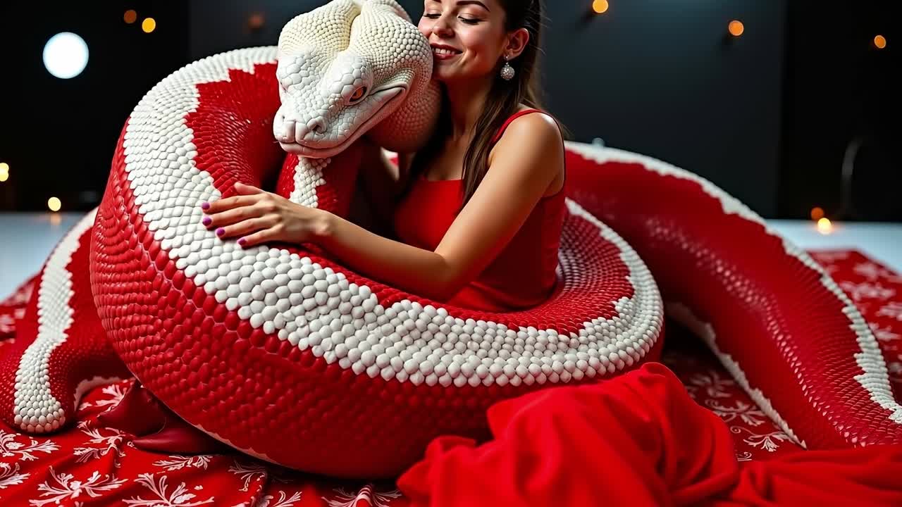 A woman in a red dress holding a large red and white snake