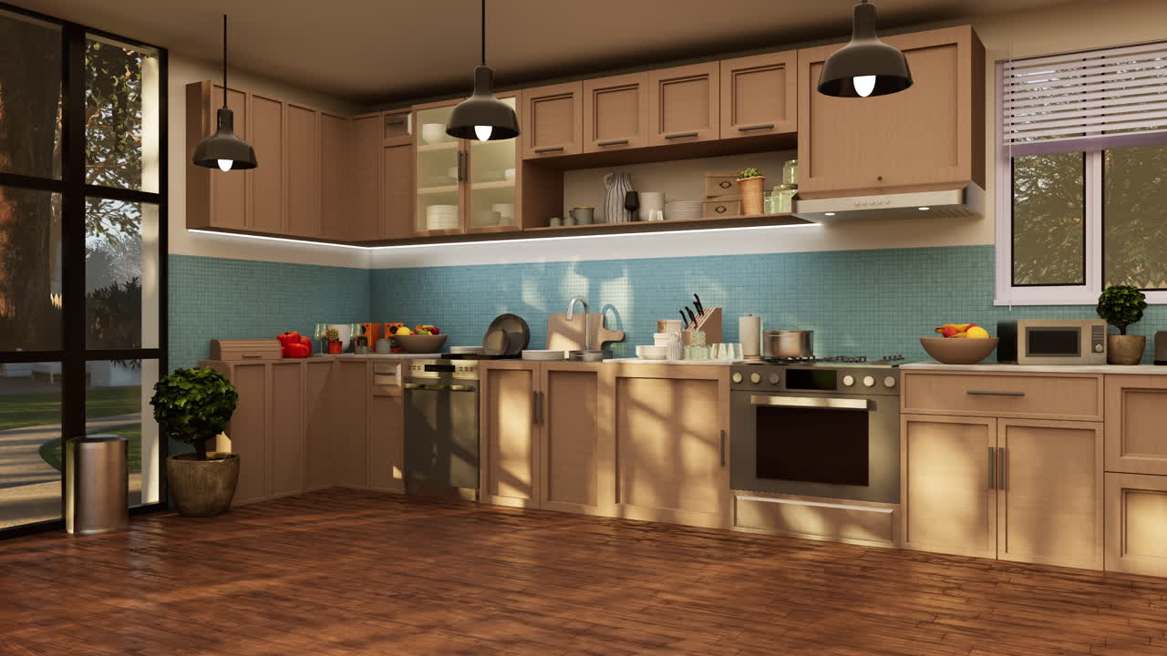 Cucina vuota e soleggiata con mobili in legno ed elettrodomestici per cucinare