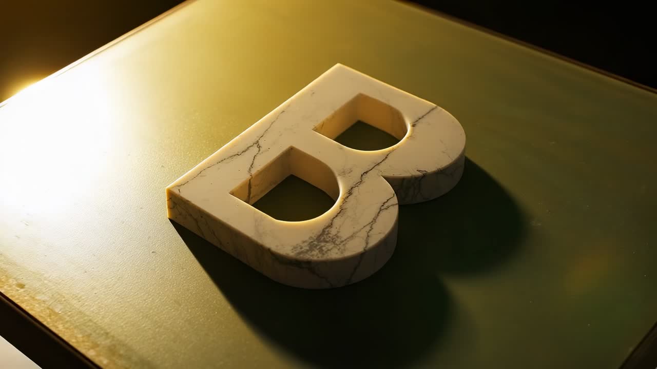 Sweeping beam lighting marble letter B on green studio platform, revealing veining and lens flare