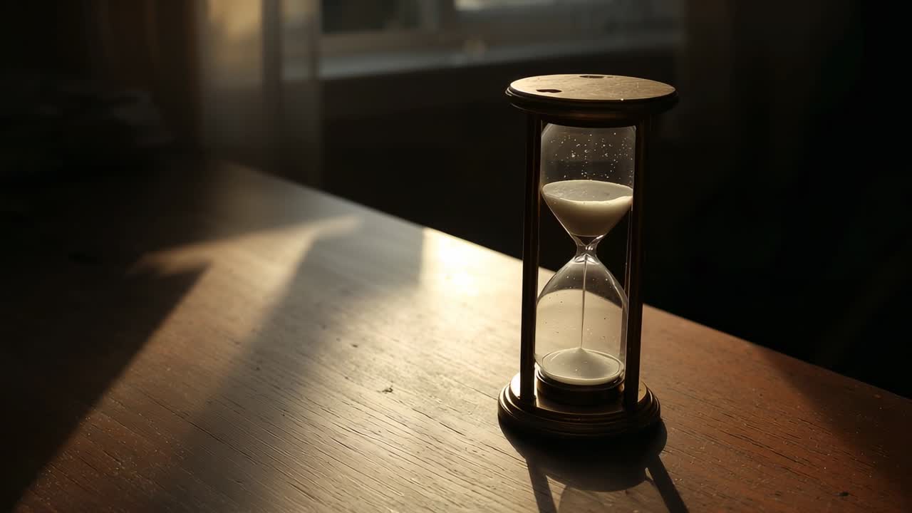 Opening with vintage hourglass starting white sand trickling onto desk near window sunbeam shadows