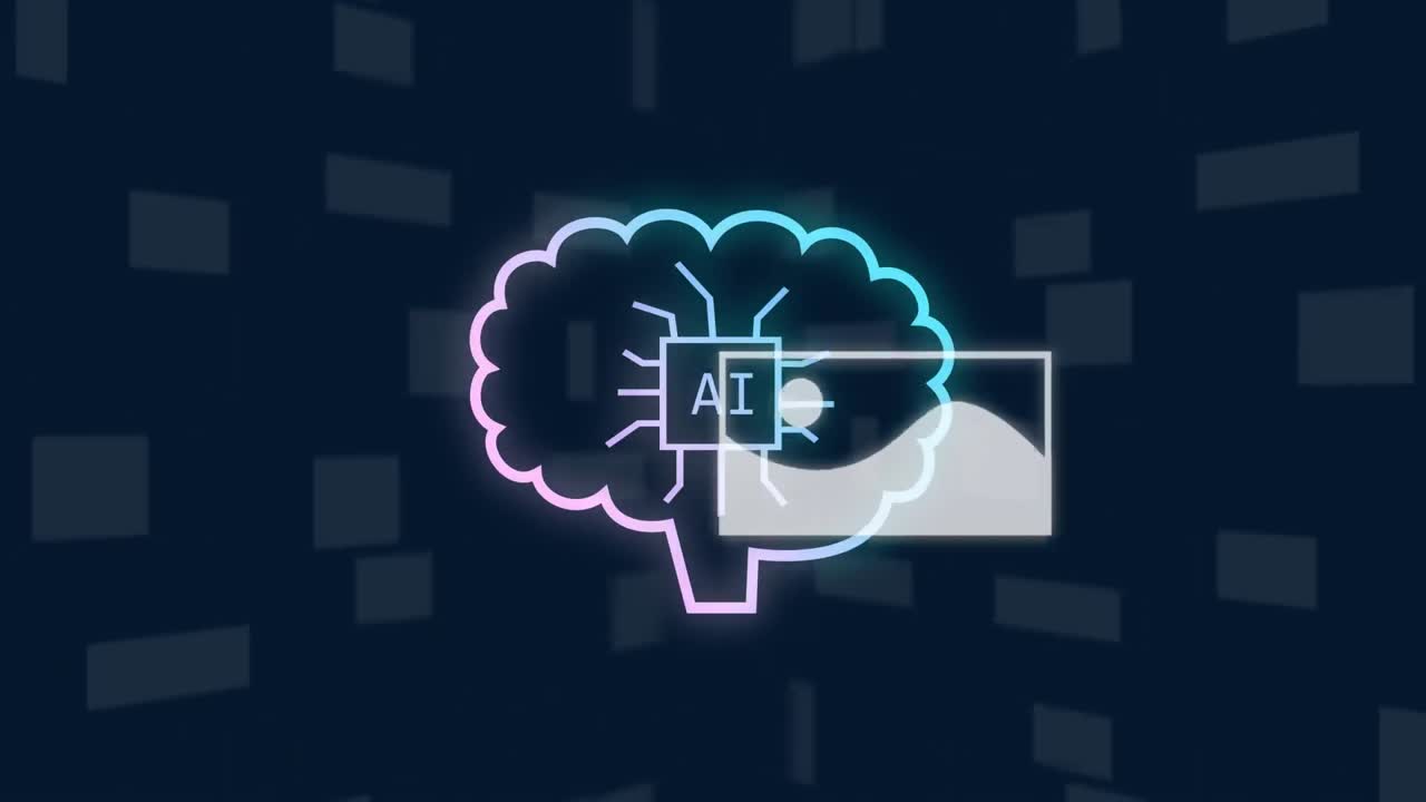 Animation of ai text and icons, computer data processing over dark background