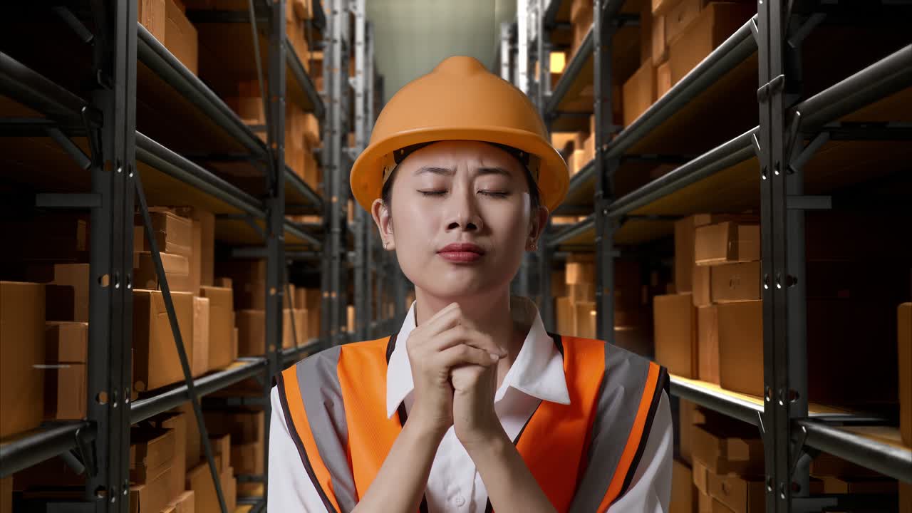 창고 에서 기도 하는 여성 노동자