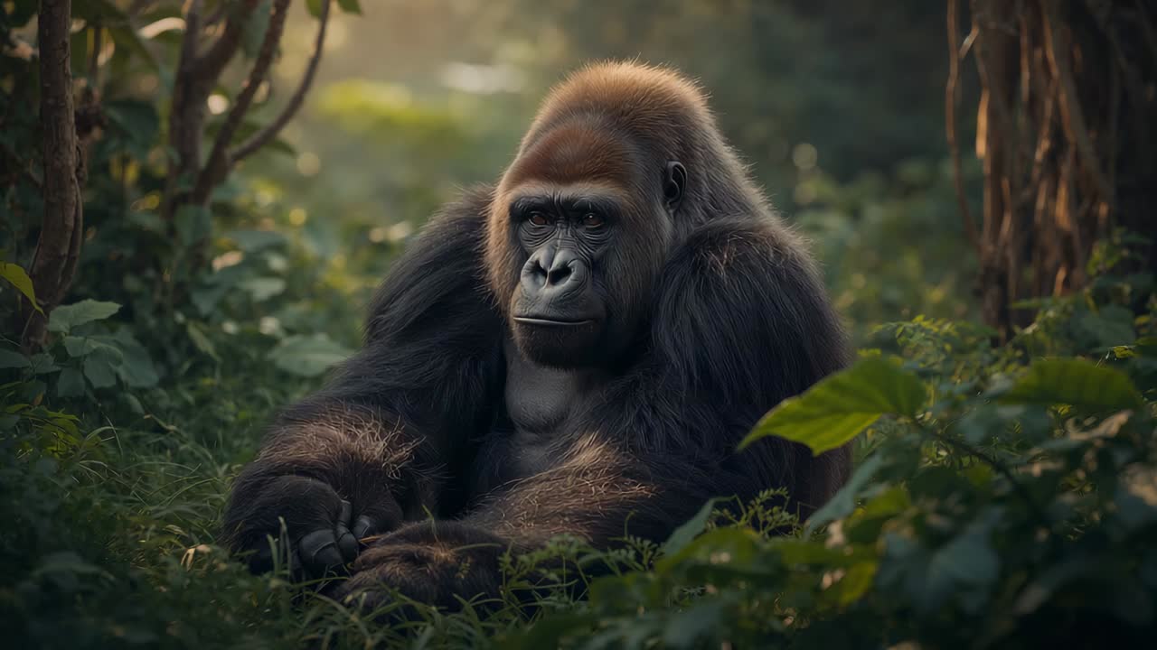 Gorilla lægger mærke til kameraet, løfter hovedet og retter sig op i skoven med brede blade