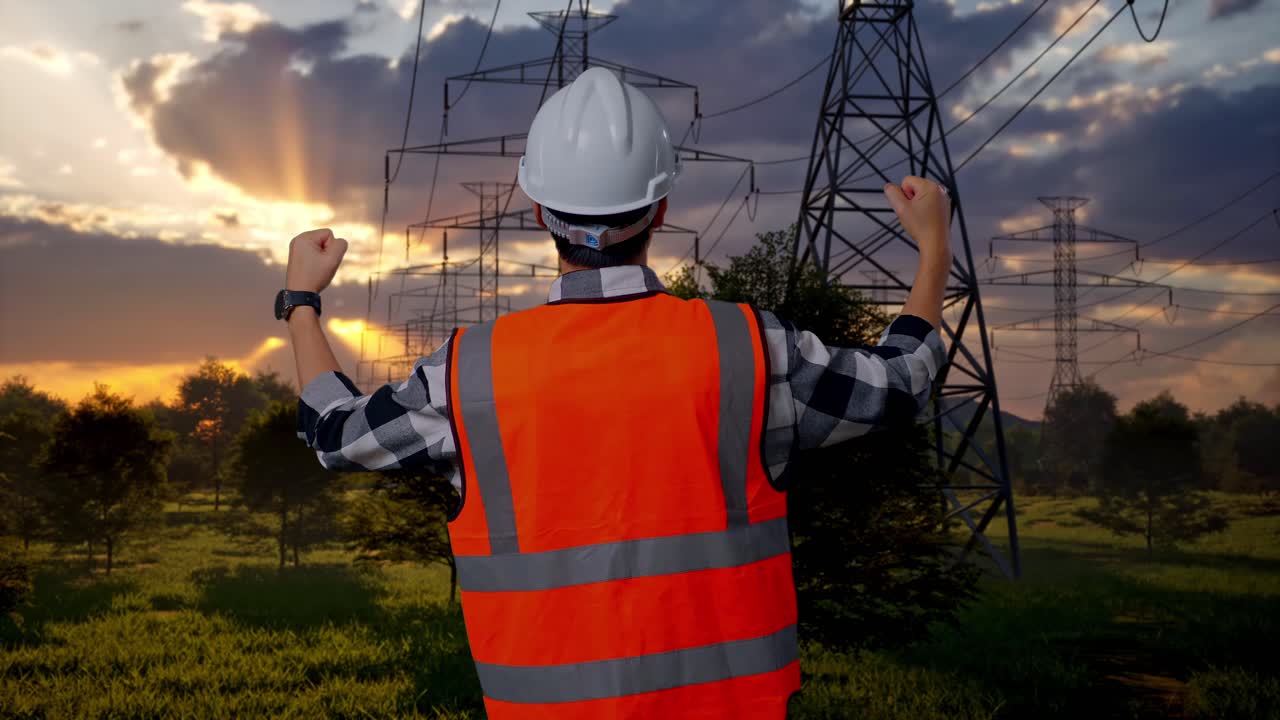 Ingeniero celebrando el éxito con los puños levantados junto a las líneas de alta tensión al atardecer