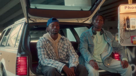 two black men posing in car with open trunk parked under overpass