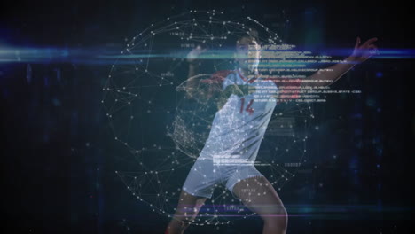 soccer player in action with digital network and data overlay animation
