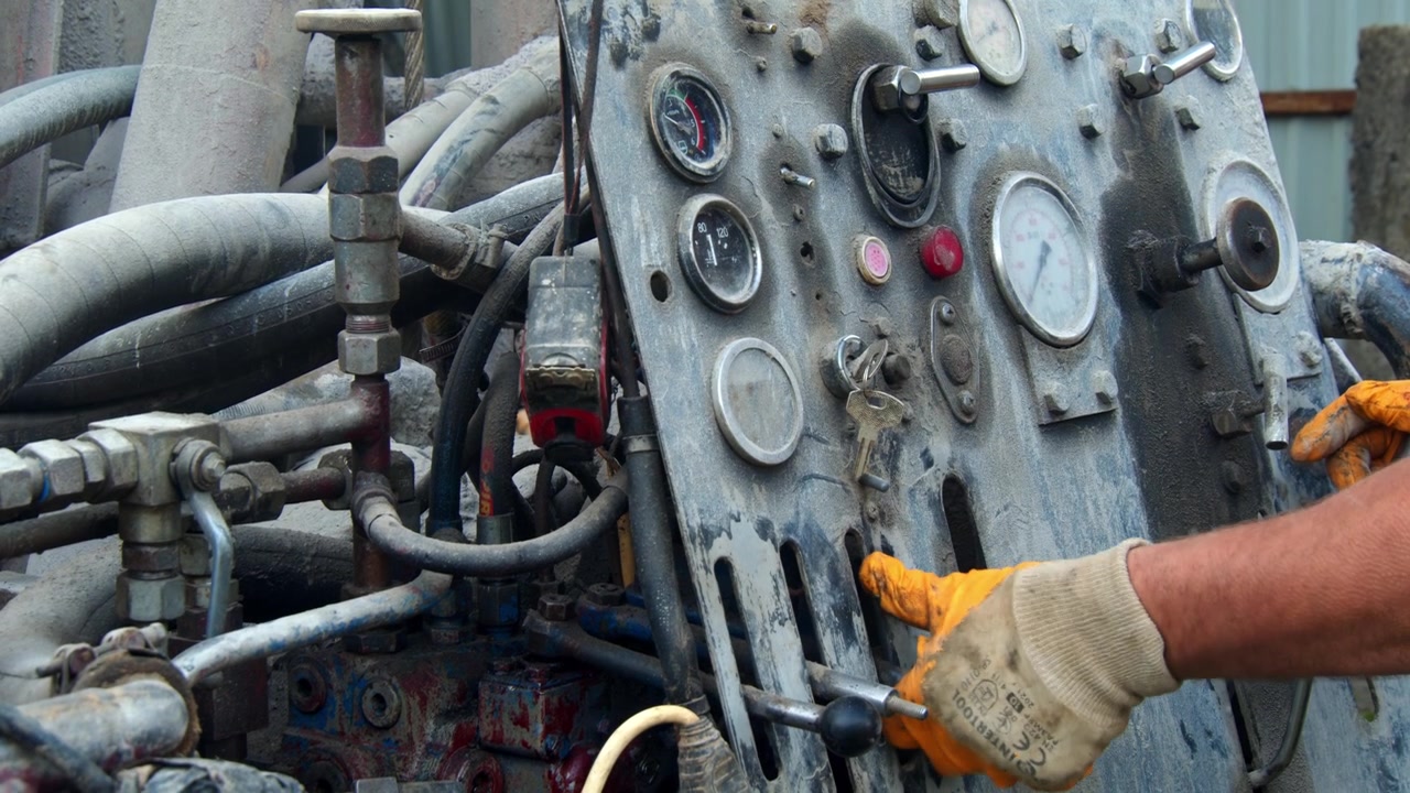 Drilling for water well with control panel and operator in action