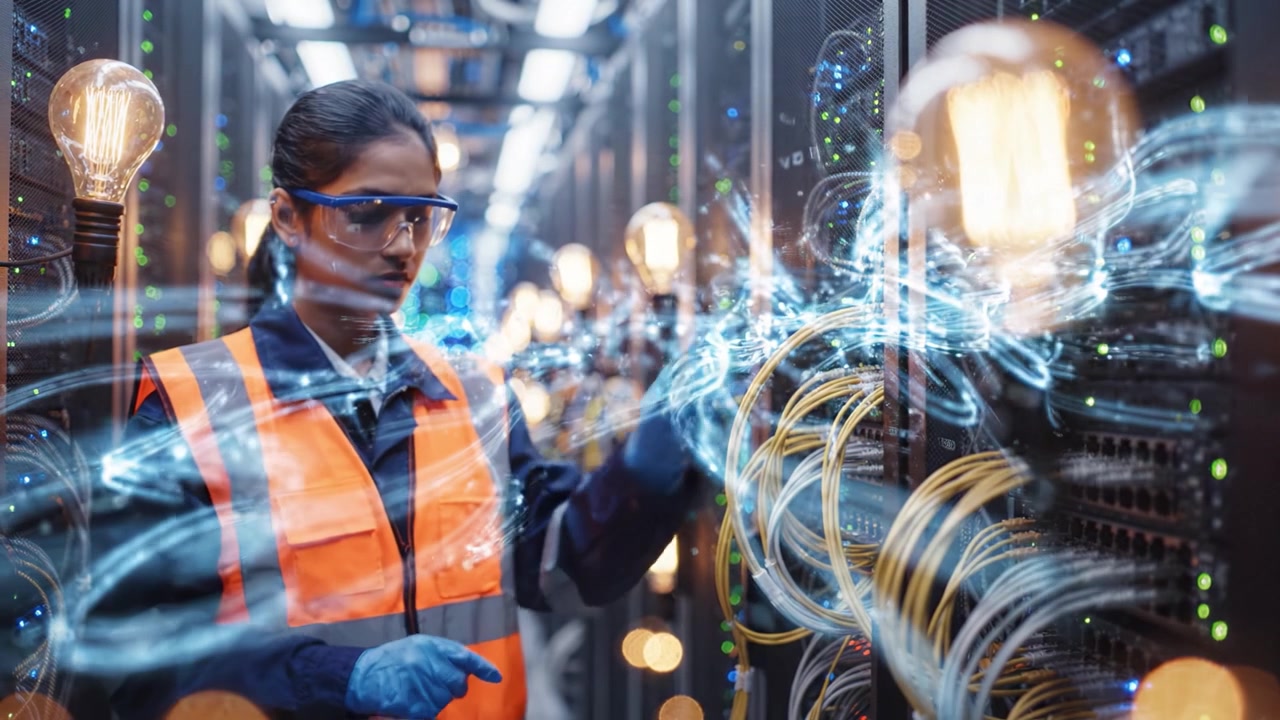 A focused technician in an orange safety vest and protective eyewear inspects server equipment in a data center while ensuring optimal functionality and safety.