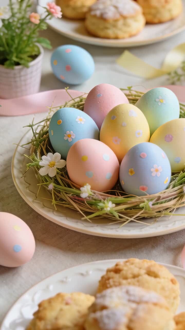 Vertical video: Shifting camera revealing pastel eggs nest on plate in kitchen, showing scones